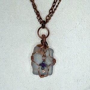 Artisan Handmade Lavender Sea Glass Beaded Accent Pendant Double Copper Chain